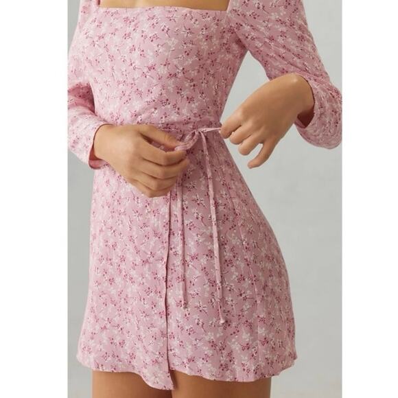Reformation Rosalie Long Sleeve Square Neck Pink Floral Mini Dress Sz 2 - Picture 7 of 12